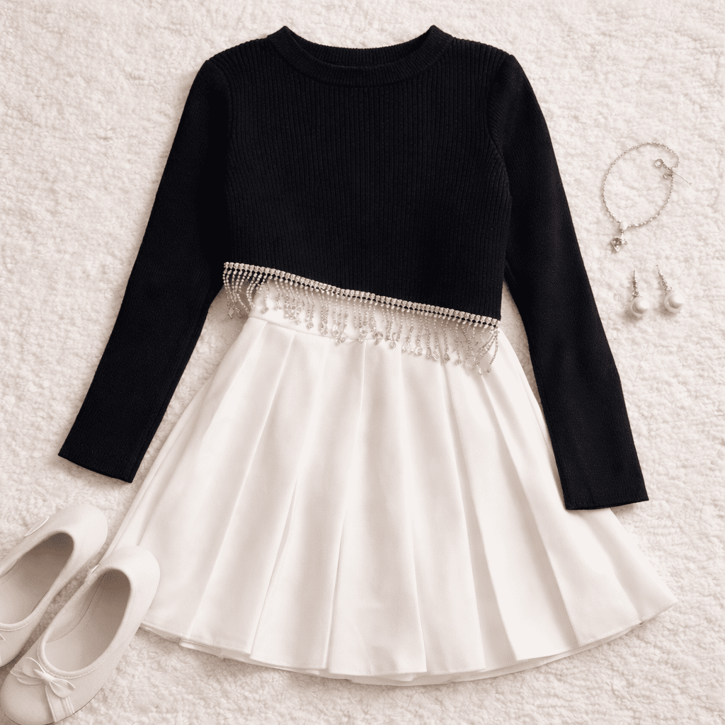 Ensemble Fille Chic – Pull en Tricot avec Jupe Plissée Élégante