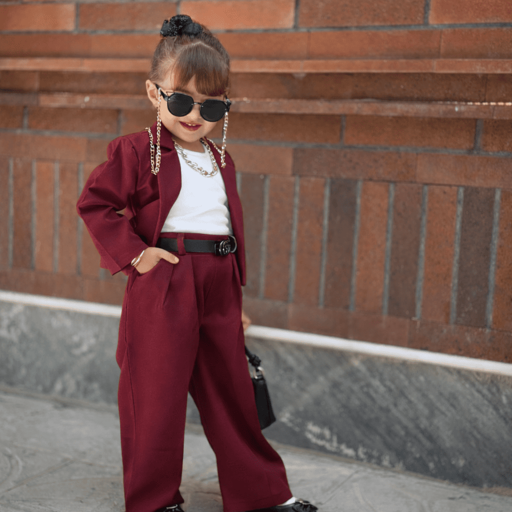 Ensemble Fille 3 pièces Chic Bordeaux & Blanc – Élégance pour l’Aïd
