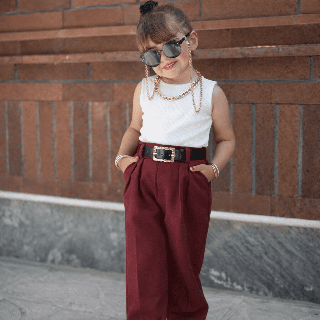 Ensemble Fille 3 pièces Chic Bordeaux & Blanc – Élégance pour l’Aïd