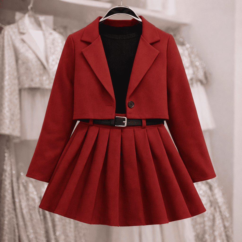 Ensemble 3 Pièces Fille Élégant – Pull en Tricot Noir avec Veste Courte Rouge et Jupe Plissée Assortie Chic