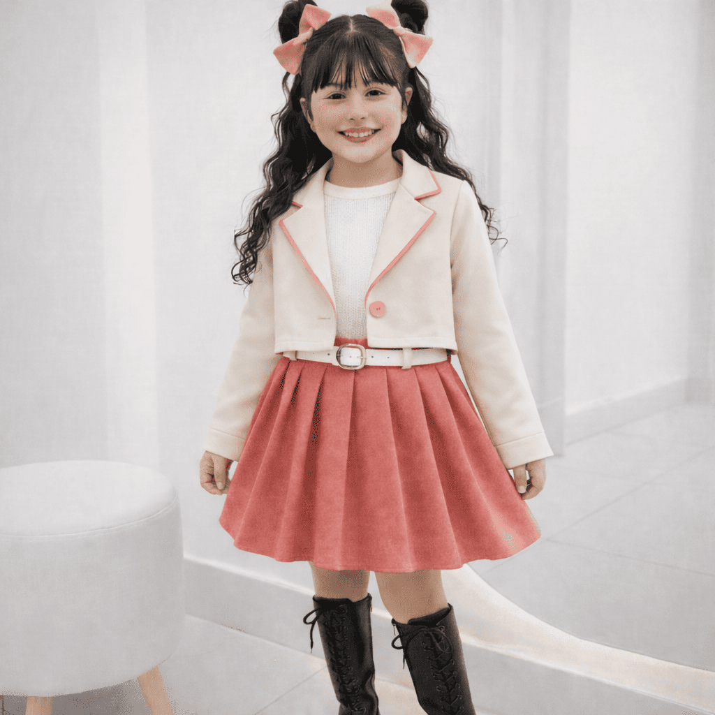 Ensemble 3 pièces Fille Élégant – Pull en Tricot blanc avec Veste Courte Crème et Jupe Plissée Rose Chic