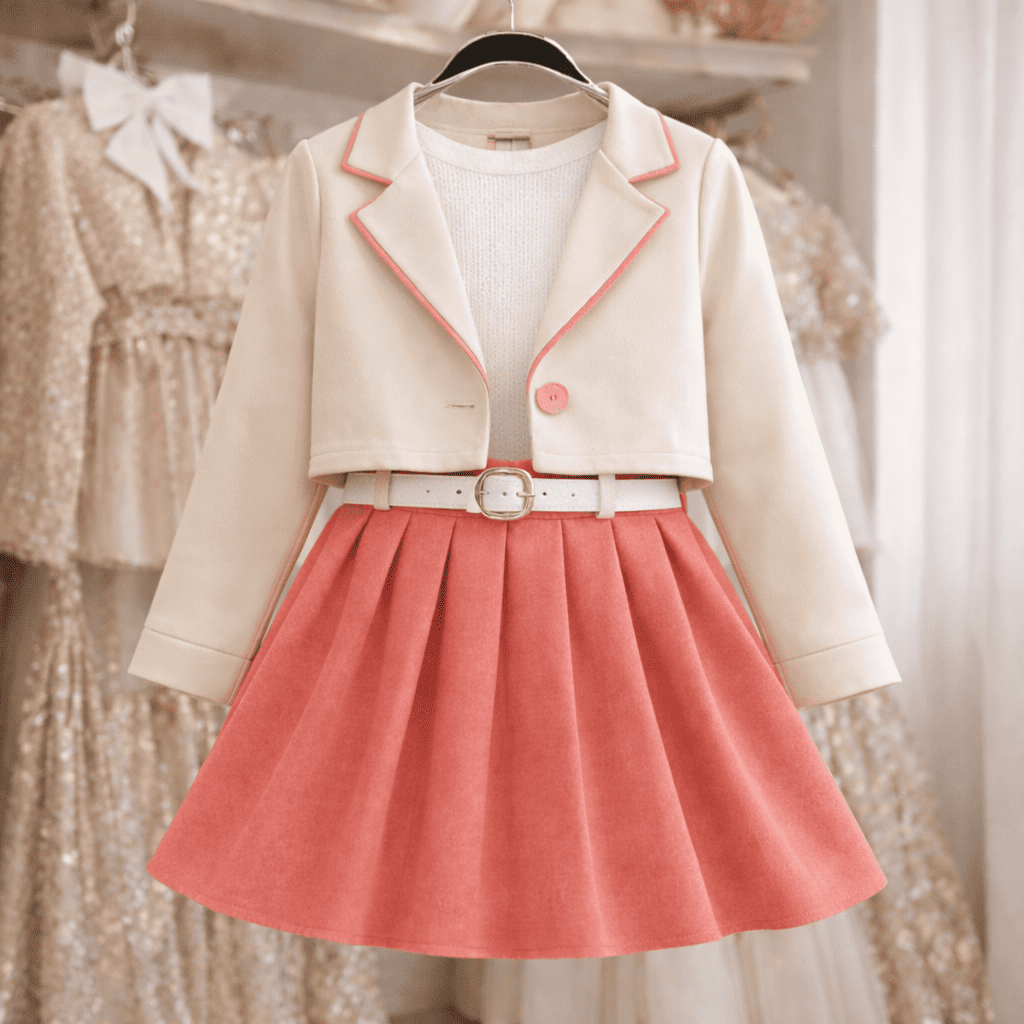 Ensemble 3 pièces Fille Élégant – Pull en Tricot blanc avec Veste Courte Crème et Jupe Plissée Rose Chic