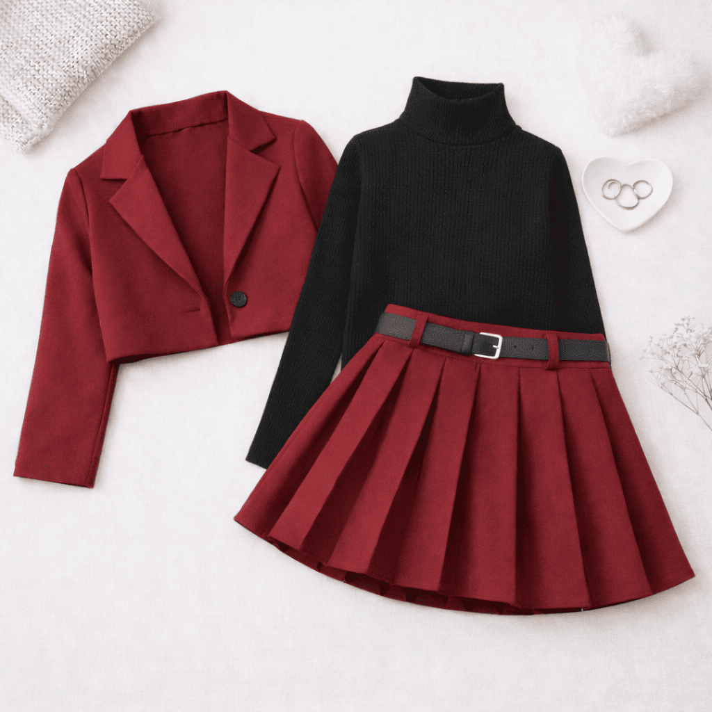 Ensemble 3 Pièces Fille Élégant – Pull en Tricot Noir avec Veste Courte Rouge et Jupe Plissée Assortie Chic