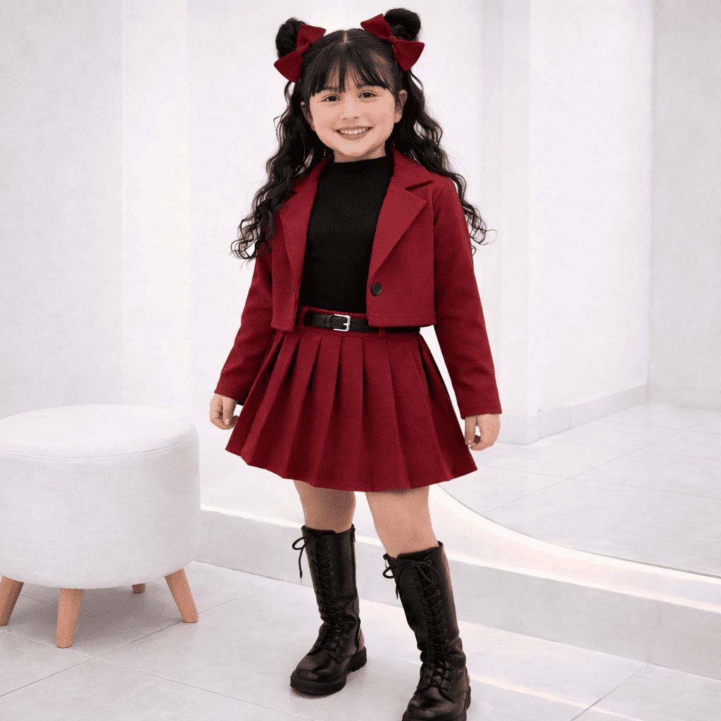 Ensemble 3 Pièces Fille Élégant – Pull en Tricot Noir avec Veste Courte Rouge et Jupe Plissée Assortie Chic