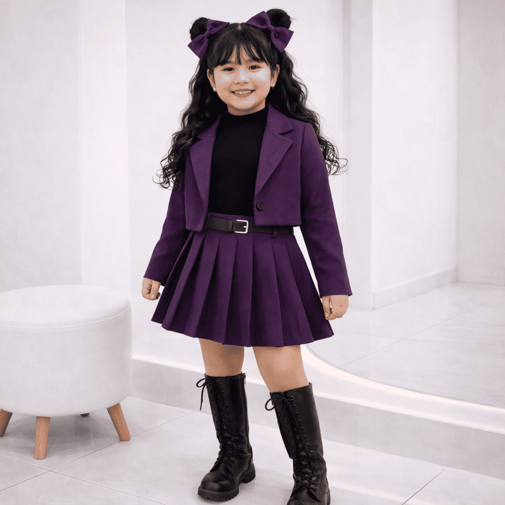 Ensemble 3 Pièces Fille Élégant – Pull en Tricot Noir avec Veste Courte Violet Foncé et Jupe Plissée