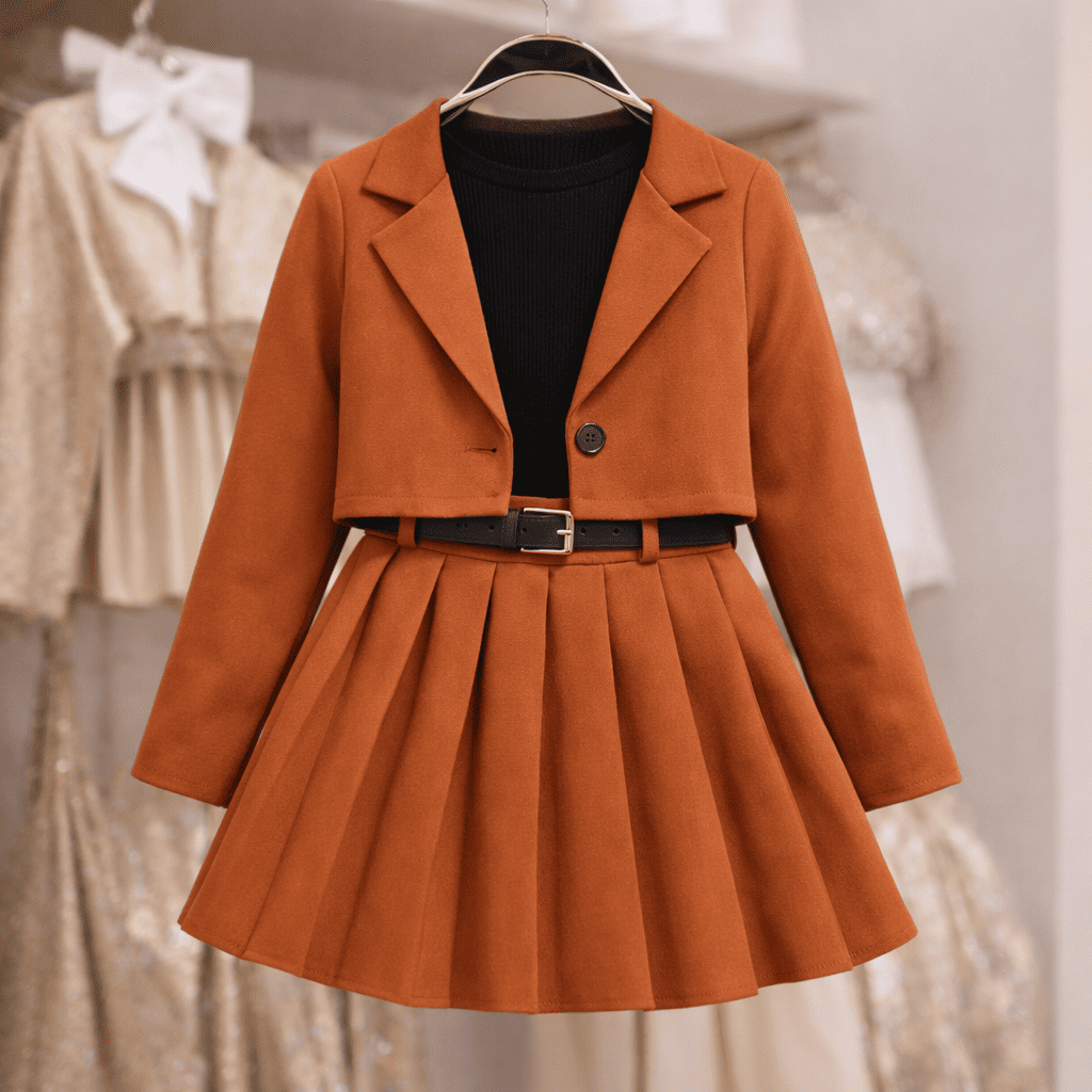 Ensemble Fille Élégant – Pull en Tricot Noir avec Gilet Orange et Jupe Plissée Chic