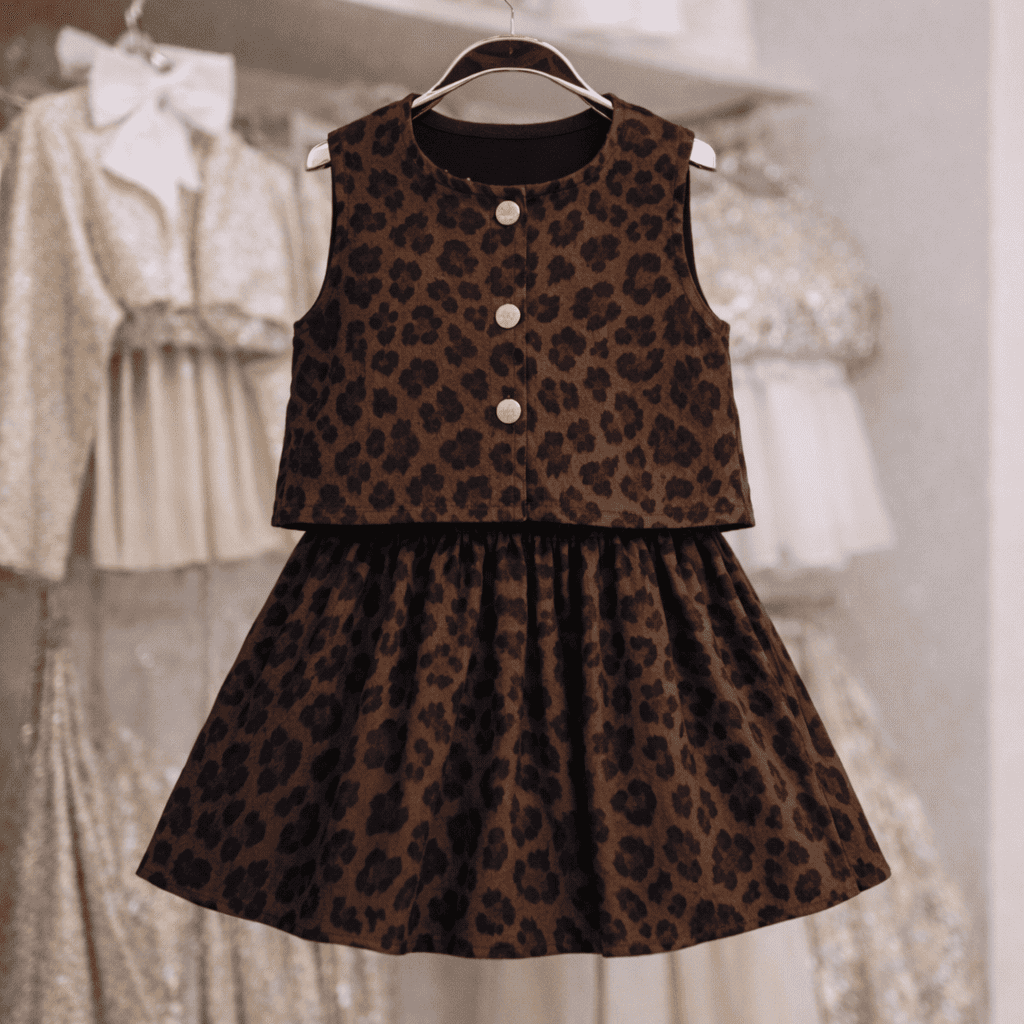 Ensemble Fille Tendance – Haut et Jupe Imprimé Léopard en Tissu Texturé Chic