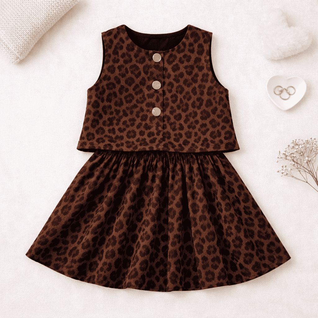 Ensemble Fille Tendance – Haut et Jupe Imprimé Léopard en Tissu Texturé Chic