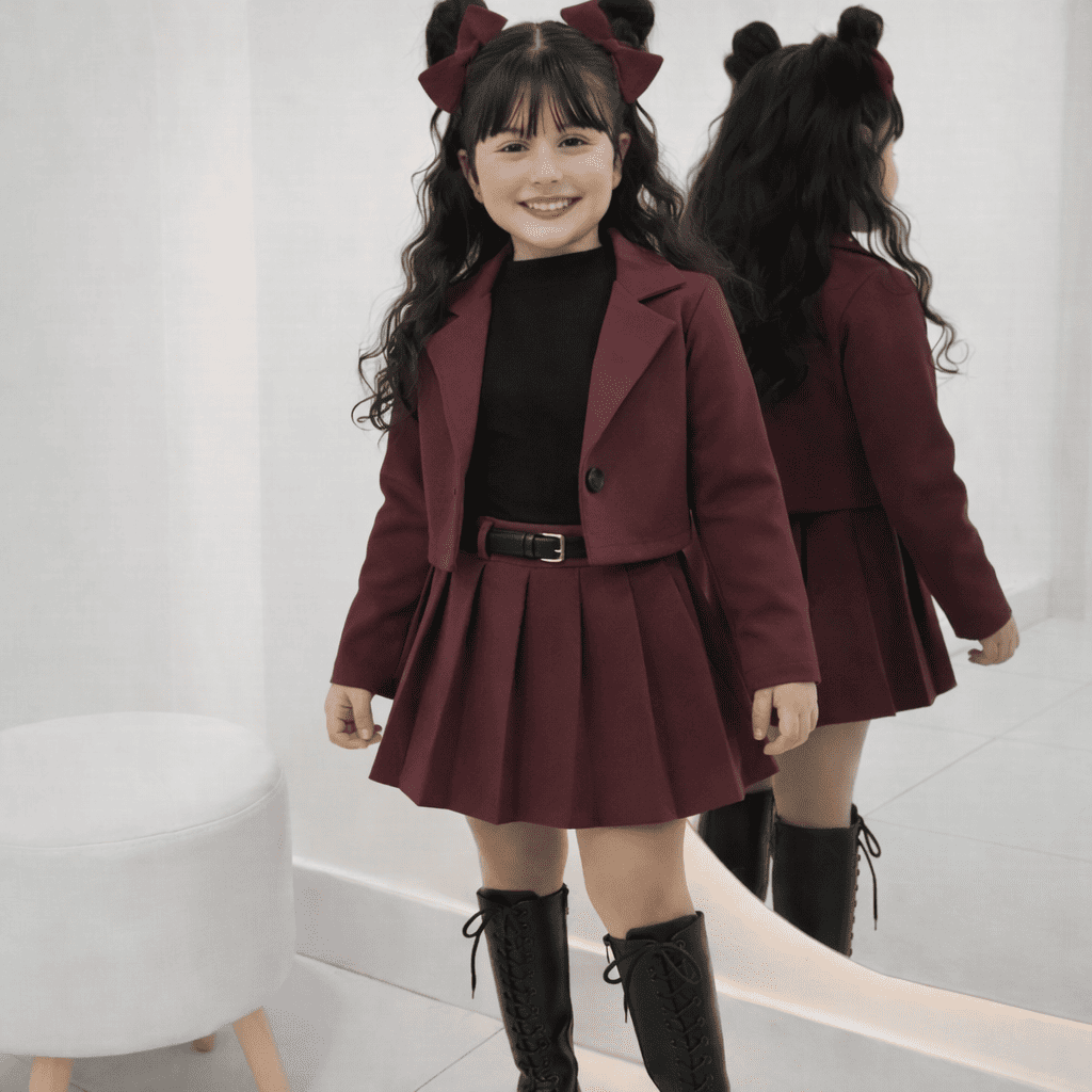 Ensemble Fille Élégant – Pull en Tricot Noir avec Gilet et Jupe Plissée Chic