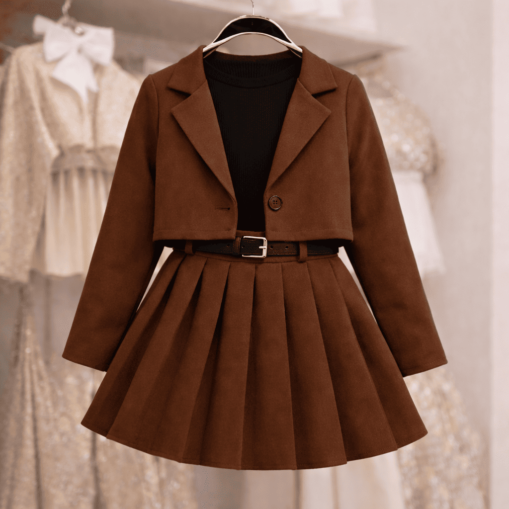 Ensemble Fille Élégant – Pull en Tricot Noir avec Gilet et Jupe Plissée Chic