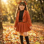 Ensemble Fille Élégant – Pull en Tricot Noir avec Gilet Orange et Jupe Plissée Chic