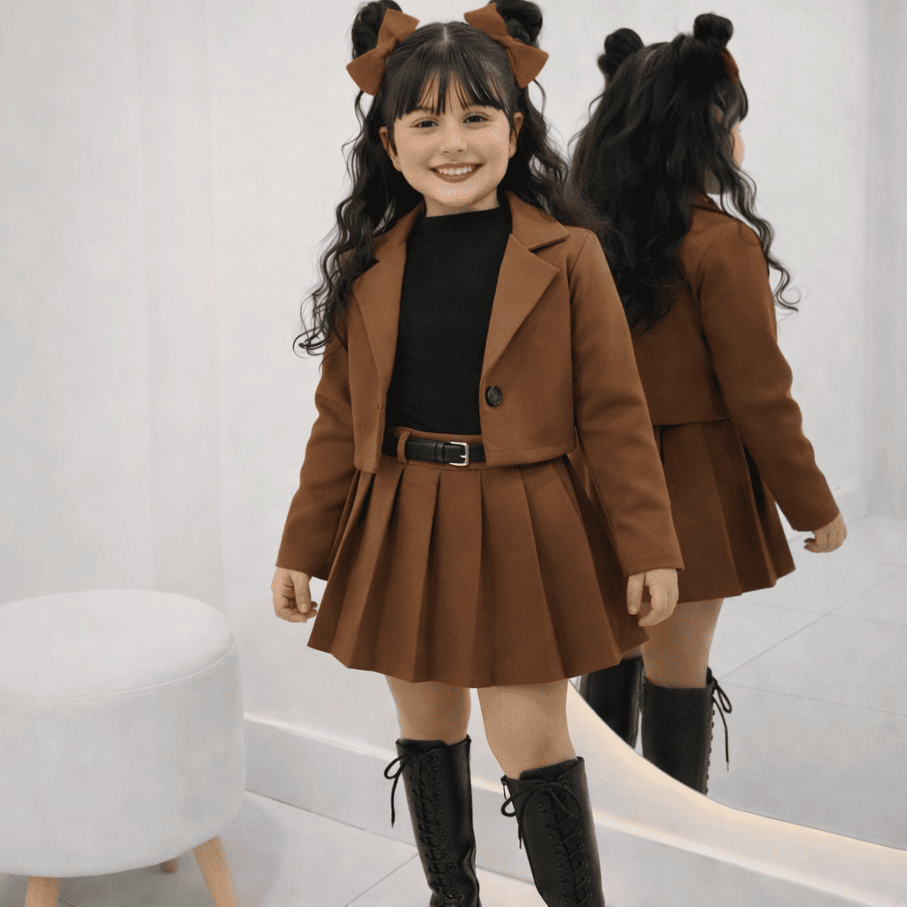 Ensemble Fille Élégant – Pull en Tricot Noir avec Gilet et Jupe Plissée Chic